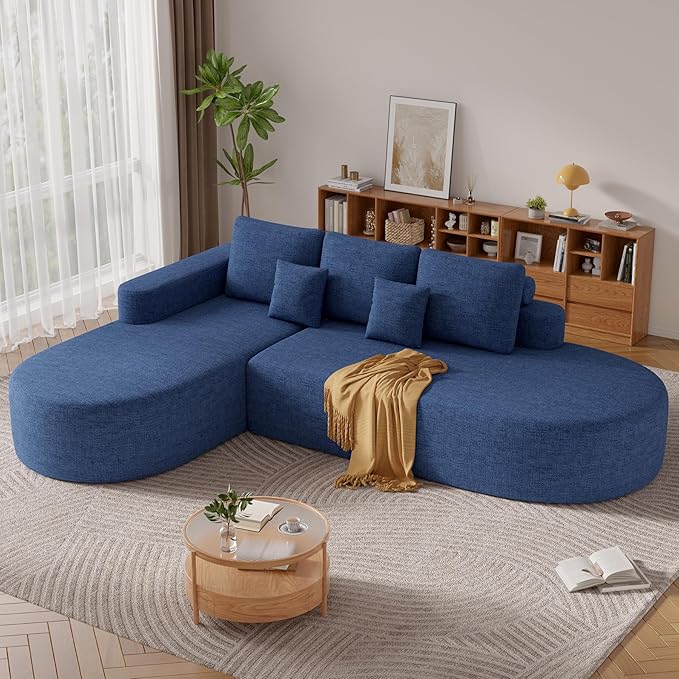 112" Modern Curved Cloud Couch, Chenille Boneless Couches for Living Room with Deep Seat, Memory Foam Compressed Modular Sectional Sofa, No Assembly Required,Navy Blue 1 PCS