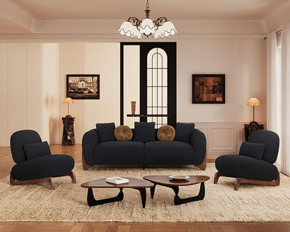 Morden Fort 3 Piece Cloud Couch Set, Modern Sherpa Boucle Sofa Set with Wood Legs, Skin-Friendly Minimalist Upholstered Comfy Couch Sofas for Living Room, 3-Seater Sofa & 2 Chairs, Black