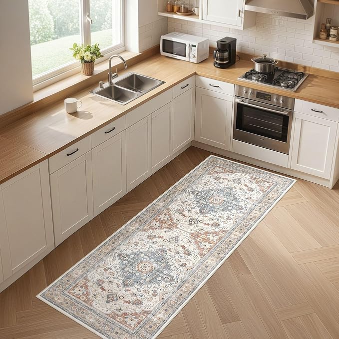 Runner Rug Kitchen Washable Rugs: 2x5 Non-Slip Boho Vintage Distressed Stain Resistant Indoor Neutral Farmhouse Throw Carpet for Hallway Bathroom Laundry Room Entryway Bedroom- Beige Blue
