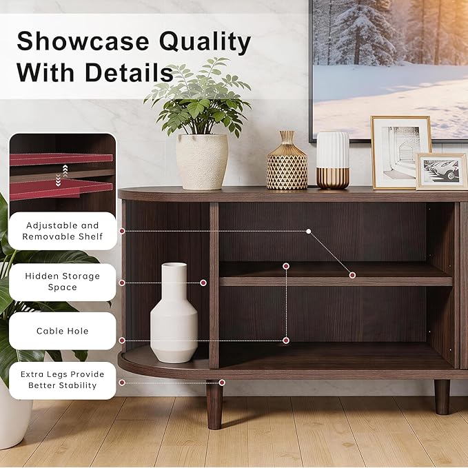 80" Mid Century Modern TV Stand, Wood TV Consoles with Sliding Doors and Power Outlet, Entertainment Center with Adjustable Shelves, Fluted TV Stands for Living Room, Walnut