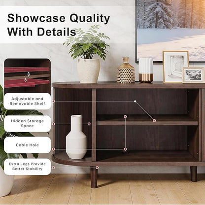 80" Mid Century Modern TV Stand, Wood TV Consoles with Sliding Doors and Power Outlet, Entertainment Center with Adjustable Shelves, Fluted TV Stands for Living Room, Walnut