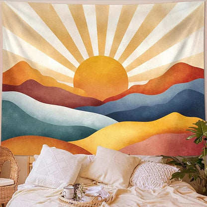 Leeisysme Boho Sun Tapestry, Abstract Retro 70s Mountain Wall Art, Aesthetic Vintage Sunrise Tapestries for Bedroom Living Room Dorm Decor, 60x80 inches