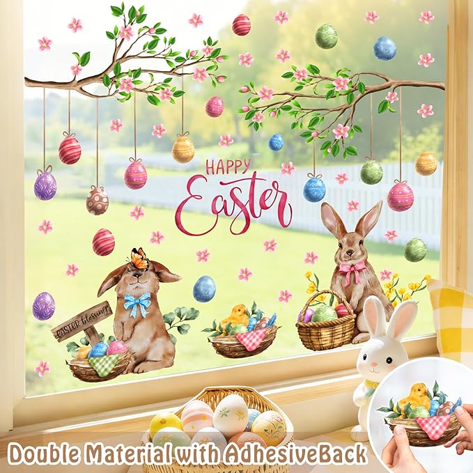 Happy Easter Window Clings Bunny Window Decorations Decals for Glass Double-Sided Removable Easter Egg Vinyl Static Sticker Spring Tree Branch Decals for Living Room Bedroom Office Holiday Supplies