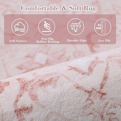 Pink 2x6 Runner Rug for Hallways Bed Side Kitchen, Boho Washable Distressed Low-Pile Floor Entryway Long Bathroom Mat, Non-Slip Laundry Room Washstand Front Carpet Green 24x72 Inch