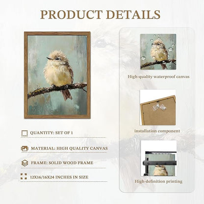 Vintage Framed Bird Wall Art, Rustic Sparrow on Branch Canvas Wall Decor Painting, Cute Bird Animal Artwork Poster Prints Pictures for Living Room Bedroom Bathroom 12x16 Inch