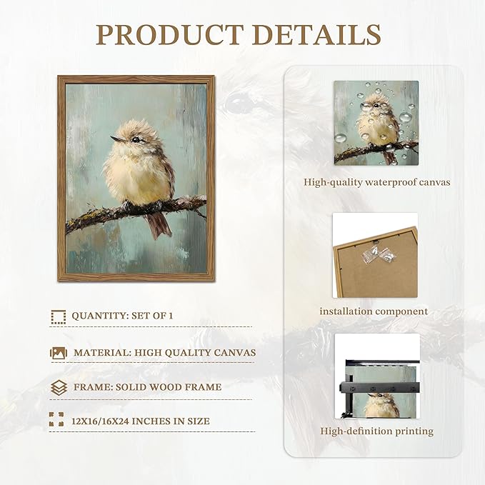 Vintage Framed Bird Wall Art, Rustic Sparrow on Branch Canvas Wall Decor Painting, Cute Bird Animal Artwork Poster Prints Pictures for Living Room Bedroom Bathroom 16x24 Inch