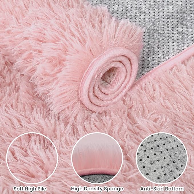 2x6 Bedside Area Rugs for Bedroom: Soft Fluffy Shag Pink Rug for Hallway, Non-Slip Fuzzy Plush Living Room Rug Indoor Floor Carpet for Kids Rooms, Dorm, Nursery, Modern Home Aesthetic Decor