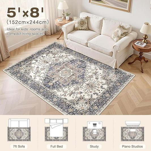 5x8 Washable Area Rugs for Living Room: Non Slip Vintage Beige Blue Rug, Large Soft Stain Resistant Indoor Floor Carpets for Bedroom Dining Room Nursery Home Office Kid & Pet Friendly
