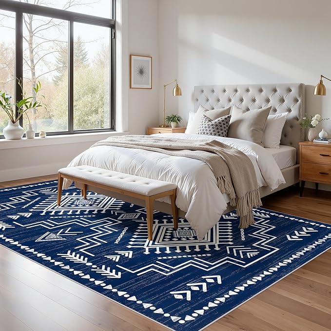 Joydeco 5x7 Moroccan Living Room Rugs, Navy Blue Washable Modern Bedroom Rug, Western Low Pile Non Shedding Distressed Aztec Dining Room, Aztec Soft Non Slip Carpet for Office Home Decor