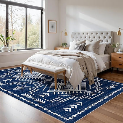 Joydeco 5x7 Moroccan Living Room Rugs, Navy Blue Washable Modern Bedroom Rug, Western Low Pile Non Shedding Distressed Aztec Dining Room, Aztec Soft Non Slip Carpet for Office Home Decor