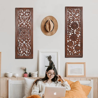 Wooden Designer Wall Hanging Plaques, Wall Plaque Wall Décor Plaques - 36x12 Inch Set of 2 - Burnt, Elegant Sculpture Wall Décor Panel to Enhance the Décor of Your Room or Office