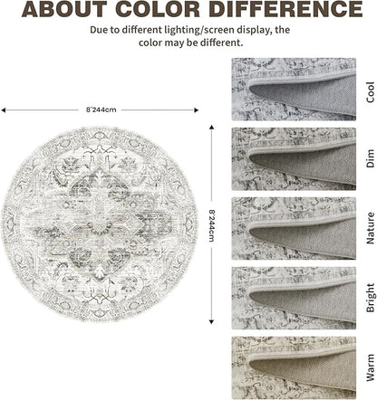 Washable 8ft Round Area Rug - Vintage Large Non-Slip Circle Rugs for Living Room, Low-Pile Stain Resistant Round Indoor Carpet for Bedroom Dining Room Ivory/Gray