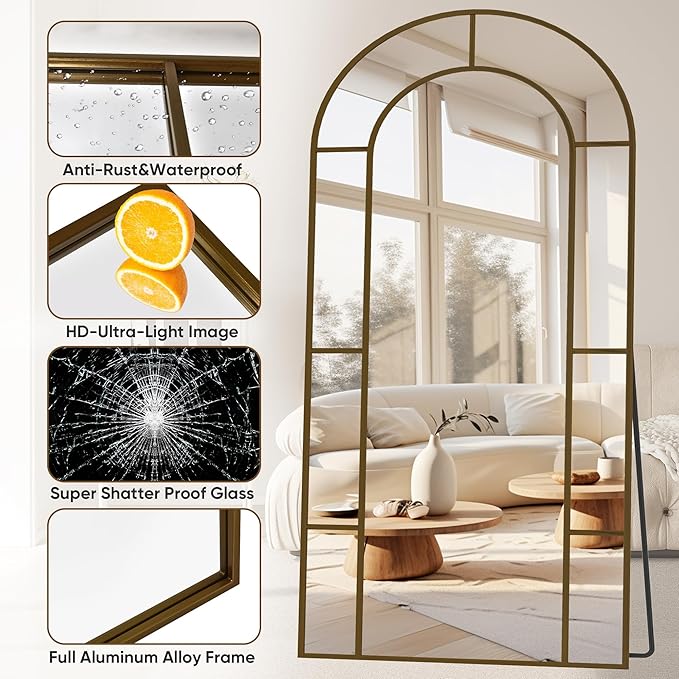 Antok 78" x 38" Full Length Mirror, Floor Mirror Arched Window Decorative Mirror, Metal Framed Decor Farmhouse Floor Mirrors Art Pane Mirrors Wall Decor for Bedroom, Living Room, Entryway Bronze