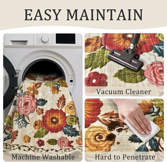 2x3 Machine Washable Area Rug for Entryway, Beige Vintage Boho Floral Rug Non-Slip Low Pile Soft Faux Wool Small Carpet, Kids and Pets Friendly for Bedroom Kitchen Hallway Bedside Home Decor Rug