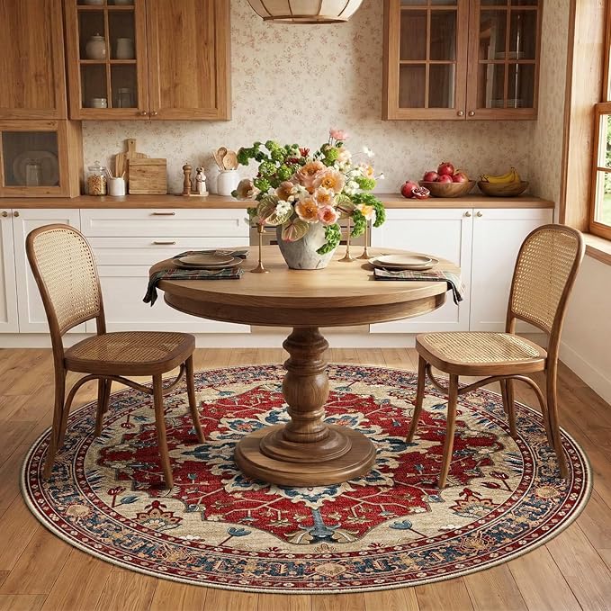 RELEANY Area Rugs Round 6ft Washable Non-Slip, Floral Vintage Distress Print Pattern Medallion Carpet for Living Room Bedroom Dining Room, Red Blue