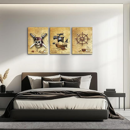 Pirate ship and rudders Canvas Wall Art for Living Room Bedroom Decoration wall painting,Bathroom Wall Decor Home Decoration kitchen posters artwork，Adventure map decoration 16x12 inch/ 3 piece set