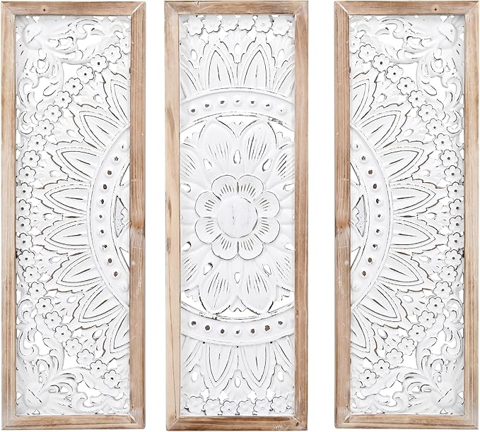 SwallowLiving 3D Layered Mandala Wood Wall Art Set of 3 – 23.6" Large Sacred Geometry Floral Sculptures, Intricately Carved Wood Panels for Meditation Room, Yoga Studio & Boho Decor, Distressed White