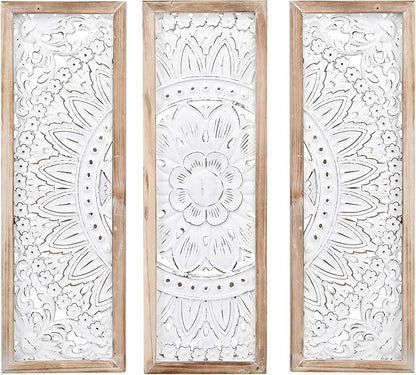 SwallowLiving 3D Layered Mandala Wood Wall Art Set of 3 – 23.6" Large Sacred Geometry Floral Sculptures, Intricately Carved Wood Panels for Meditation Room, Yoga Studio & Boho Decor, Distressed White