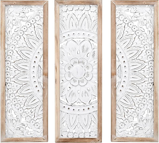 SwallowLiving 3D Layered Mandala Wood Wall Art Set of 3 – 23.6" Large Sacred Geometry Floral Sculptures, Intricately Carved Wood Panels for Meditation Room, Yoga Studio & Boho Decor, Distressed White