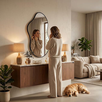 Irregular Asymmetrical Wall Mirror 26x48 Inches - Decorative Tempered Glass with Modern Aluminum Alloy Frame, Black Abstract Cloud Mirror for Bathroom, Bedroom, Living Room, Entryway, Cloakroom