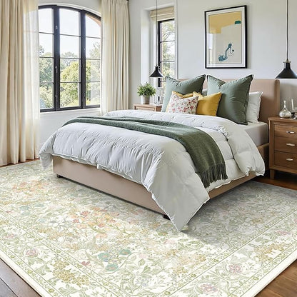Farmhouse Sage Green Washable Living Room Rug 5x7, Floral Area Rug for Bedroom, Nursery, Dining Room Under Table, Home Office, Low Pile Non Slip Boho Carpet, Soft Cottagecore Botanical Accent Mat