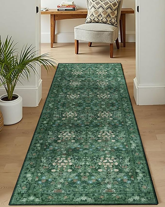 Lunasun Boho Green Long Hallway Runner Rug 2x6 Washable, Farmhouse Floral Botanical Non Skid Kitchen Floor Mat - Vintage Soft Throw Rug for Bathroom, Indoor Entrance, Foyer, Bedroom Bedside, Laundry