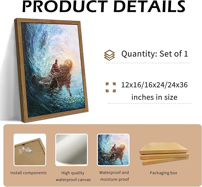 Wood Framed Jesus Christian Wall Art, Hand of God Canvas Paintings Posters Prints, Christ Religion Bible Jesus Salvation Wall Decor for Church Study Prayer Room Home Decoration 12x16 in