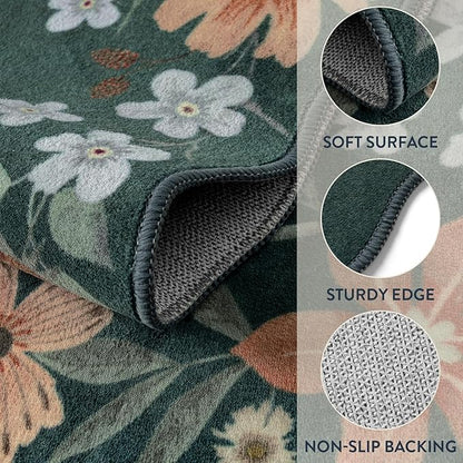 Lahome Floral Washable Living Room Rugs, 5x7 Green Area Rugs for Bedroom ‎‎‎‎Nursery, Ultra-Thin Soft Non-Slip Stain Resistant Boho Throw Carpet for Dining Room Office Flore, Dark Green