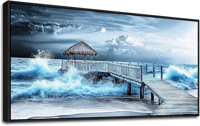 ERQINHUA Large Canvas Wall Decor For Living Room Wall Art For Bedroom Office Wall Decorations Black Frame Blue Wave Landscape Painting Artwork For Modern Stretched and Framed Beach Posters 24"X48"
