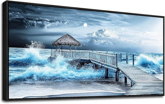 ERQINHUA Large Canvas Wall Decor For Living Room Wall Art For Bedroom Office Wall Decorations Black Frame Blue Wave Landscape Painting Artwork For Modern Stretched and Framed Beach Posters 24"X48"