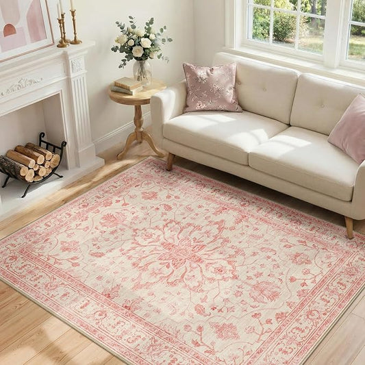 RELEANY Area Rugs 4'x6' Washable Non-Slip, Floral Vintage Distress Print Pattern Medallion Carpet for Living Room Bedroom Dining Room, Pink Light Vintage Pink
