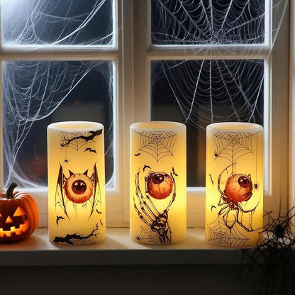 Halloween Flameless Flickering Candles Battery Operated with Timer, 3 Pack Real Wax LED Pillar Candles Spooky Bloody Eyes Spider Decals Dinner Halloween Decorations Indoor(3" D x 6" H)