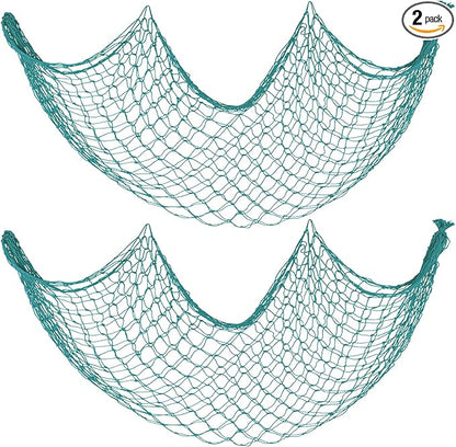 Decorative Fishing Net 2 Pack, 5x10 ft Large Aqua Fish Net Decor for Wall, Photo Display, Nautical Mermaid Pirate Ocean Themed Beach Hawaii Under the Sea Party Decorations