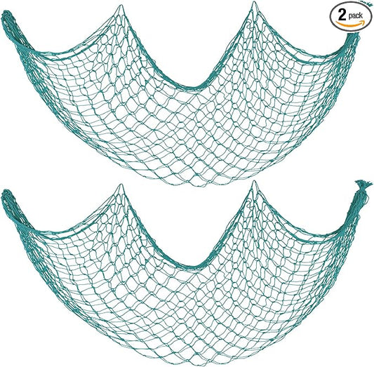 Decorative Fishing Net 2 Pack, 5x10 ft Large Aqua Fish Net Decor for Wall, Photo Display, Nautical Mermaid Pirate Ocean Themed Beach Hawaii Under the Sea Party Decorations