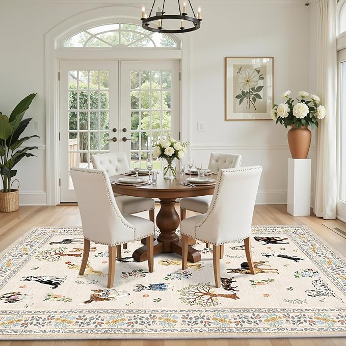 Dog Area Rugs Beige, 5x7 Rug for Bedroom Ultra-Thin Soft, Non-Slip Washable Rugs Stain Resistant Boho Rug Low-Pile Throw Rug for Dining Room Office (5 x 7, Beige)