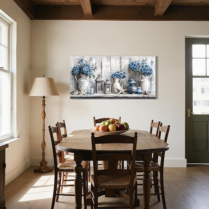 SERIMINO Floral Wall Art, Large Wall Art, Rustic Wall Decor, Nautical Still Life Art Prints, Blue Hydrangea Canvas Pictures, Grey Paintings for Living Room Bedroom Bathroom Kitchen Farmhouse 20"x40"