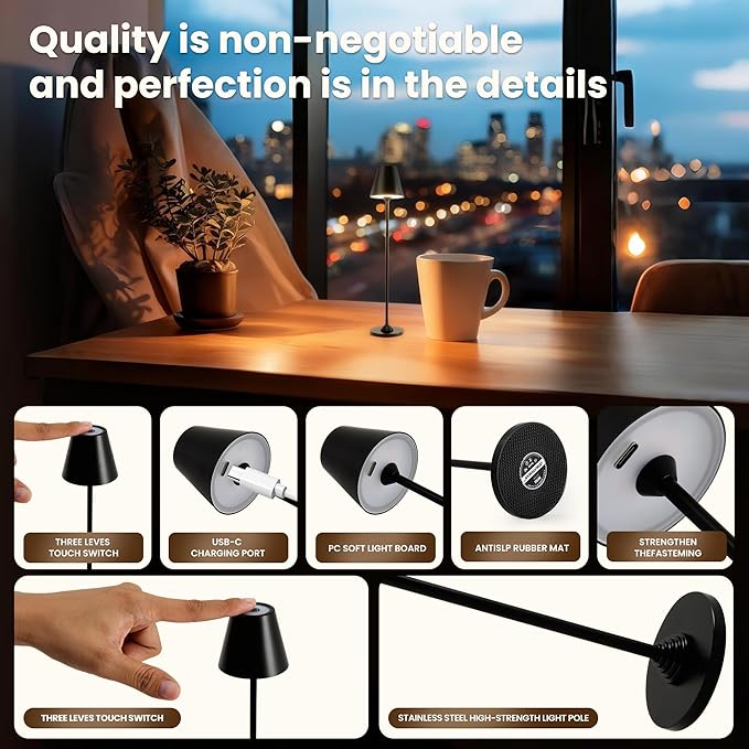 Timjorman RGB Palm-Sized Cordless Table Lamp, Rechargeable Touch Metal Bedside Lamp, 3 Brightness 3000K Warm Light, Small Table Lamp for Bedroom, Restaurant, Patio, Camping (Black 1 Pack)