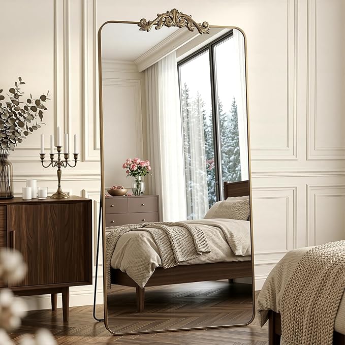 Antok Arched Full Length Mirror, 81"x41" Floor Mirror with Carved, Full Body Mirrors for HomeDecor, Standing/Halling Large Wall Mirror for Bedroom, Living Room, Cloakroom, Bronze, Ornate Style