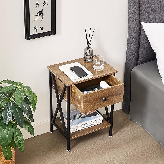 VECELO Nightstand,Modern Bedside End Table, Night Stand with Drawer and Storage Shelf for Living Room Bedroom, Industrial Metal Frame