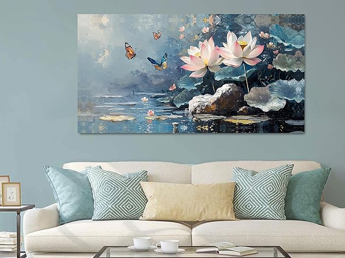 Ardemy Lotus Flower Wall Art for Living Room Butterfly Canvas Art Wall Decor, Floral Painting Textured Large Framed Picture Artwork Bedroom Kitchen Dining Home Office 48"x24"