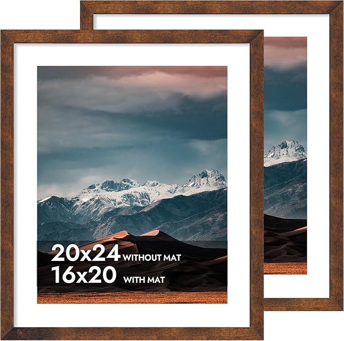 iRahmen 20x24 Poster Frame with 16x20 Mat - Plexiglass Wooden Picture Frames for Photo Wall Gallery Mounting (Dark Brown, Set of 2)