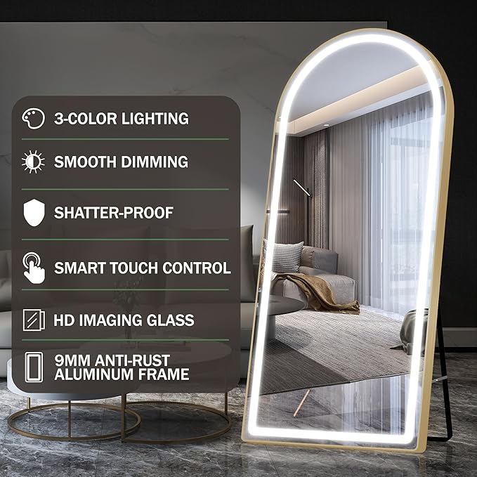 FENNIO Full Length Mirror with Lights, 70"x32" LED Full Body, Free Standing Lighted Floor Mirror, Wall Mounted Hanging Mirror for Bedroom, Salon, 3-Color Lighting, Tempered Glass