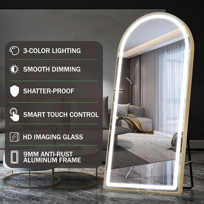 FENNIO Full Length Mirror with Lights, 70"x32" LED Full Body, Free Standing Lighted Floor Mirror, Wall Mounted Hanging Mirror for Bedroom, Salon, 3-Color Lighting, Tempered Glass