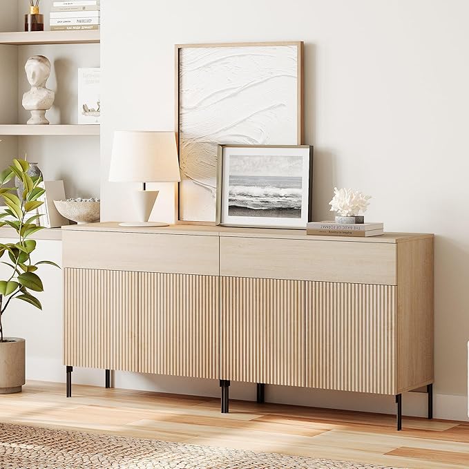 WAMPAT Fluted TV Stand TVs up to 70 inch, 63" W Modern TV Entertainment Center with Storage Cabinets and 2 Drawers & 4 Doors, Wood Media TV Console Table with Storage for Living Room, Beige