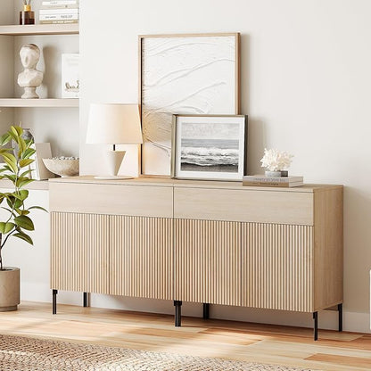 WAMPAT Fluted TV Stand TVs up to 70 inch, 63" W Modern TV Entertainment Center with Storage Cabinets and 2 Drawers & 4 Doors, Wood Media TV Console Table with Storage for Living Room, Beige