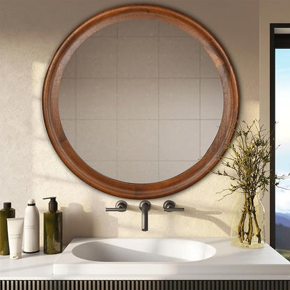 CULER Round Wall Mirrors 30 Inch,Wood Rustic Decorative Transitional Mirror with Walnut Frame for Wall,Farmhouse Hanging Vanity Mirror for Bathroom Bedroom Living Room or Entryway（Rustic Brown）