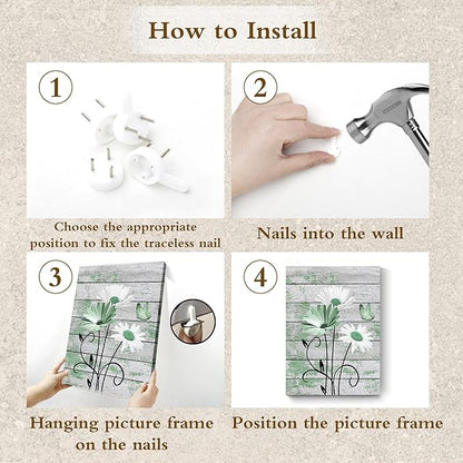 HVEST Country Green Floral Wall Art for Living Room Daisy Flower with Butterfly on Vintage Wood Canvas Wall Art Rustic Farmhouse Wildflower Pictures for Bathroom Bedroom Wall Decor,16L X 12W Inches