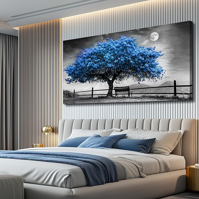 FUHAIHUA Canvas Wall Art For Living Room Large Wall Decor For Office Bedroom Decorations Black And White Landscape Pictures Blue Tree Painting Artwork Room Wall Mural Aesthetic Home Decor 30x60 In