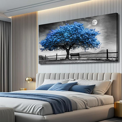 FUHAIHUA Canvas Wall Art For Living Room Wall Decor For Bedroom Office Wall Decoration Black And White Landscape Painting Blue Tree Pictures Artwork Room Aesthetic Home Decor 20x40 In