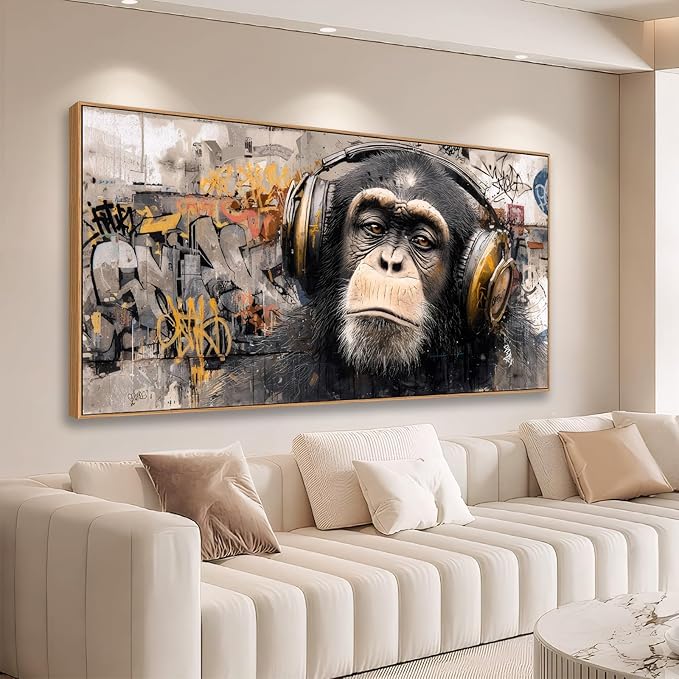 Sorbrozo DJ Gorilla Canvas Wall Art - Vibrant Street Graffiti Painting with Headphones Modern Animal Artwork for Music Lovers Boys Bedroom & Man Cave Decor 24x48in